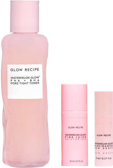 Glow Recipe Glass Skin Toner Bundle, Watermelon Glow PHA + BHA Pore-Tight Toner, Niacinamide Dew Drops, Pink Juice Moisturizer, Exfoliating, Hydrating Skincare Bundle