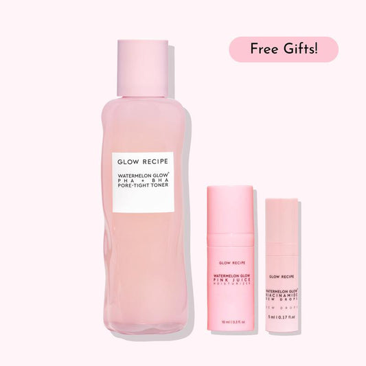 Glow Recipe Glass Skin Toner Bundle, Watermelon Glow PHA + BHA Pore-Tight Toner, Niacinamide Dew Drops, Pink Juice Moisturizer, Exfoliating, Hydrating Skincare Bundle